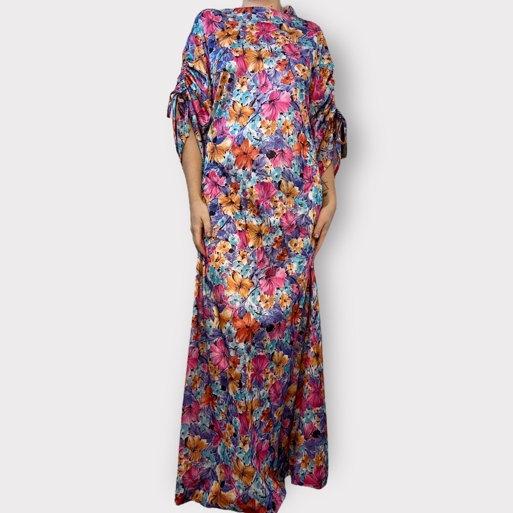 Vintage 1980s Floral, Home Sewn, Ruched Sleeve Maxi Dress - Picture 3 of 6